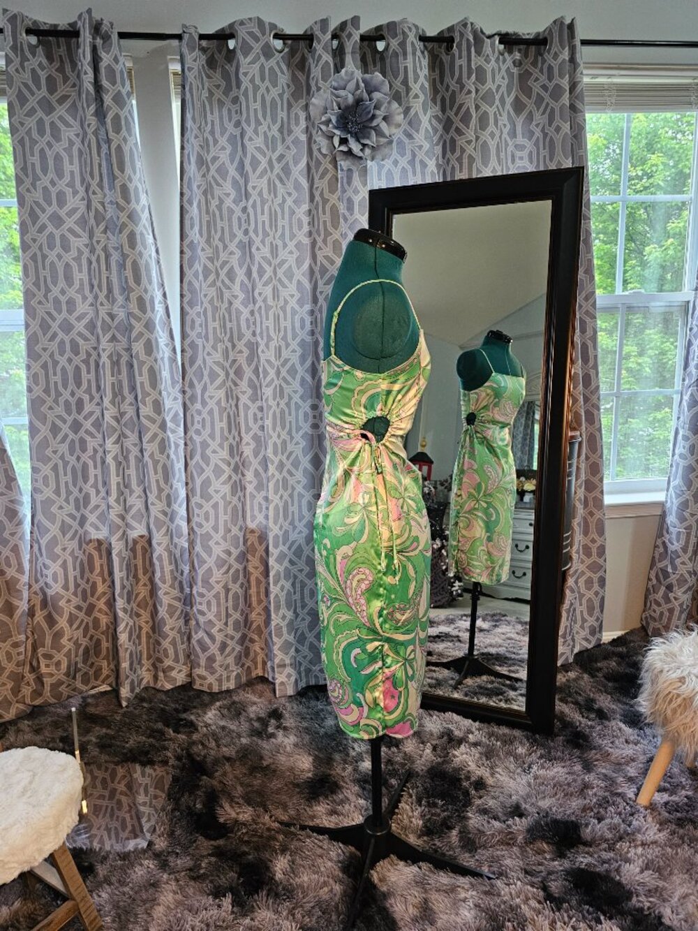 Christian Lacroix Green & Pink Paisley Print Satin Cut‑Out Midi Dress, Size XS - Picture 4 of 7